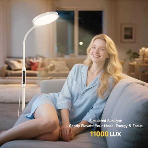 Happy Light Therapy Lamp, 11000 Lux UV-Free Floor Sun Light Lamp with Touch Remote Control, 5 Color Temperatures 10 Bright...
