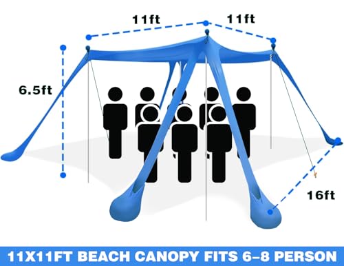 Beach Canopy Beach Tent 11X11 FT 6 Sandbags 4 Stability Poles Beach Shade Canopy UPF50+ Sun Protection Extra Windproof Rop...