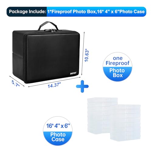 ENGPOW Fireproof Photo Storage Box with 16 Inner 4" x 6" Photo Case(Clear),Photo Box Organizer with Lock,Collapsible Porta...