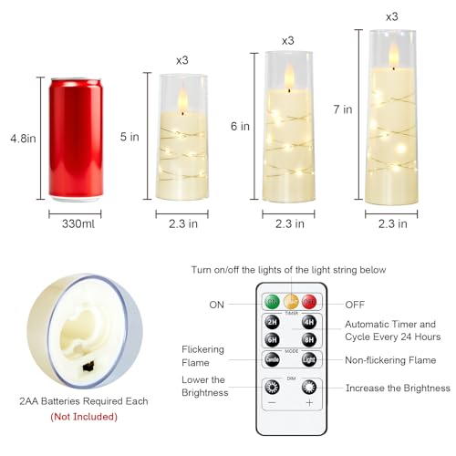 Raycare Flameless Candle with Remote Timer – 9 Flickering Acrylic Battery Operated LED Pillar Candles with Embedded Star S...