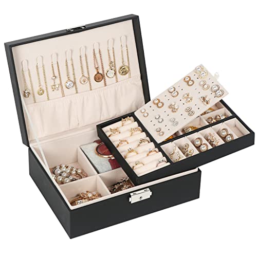 Jewelry Box for Women Girls, 2 Layers Jewelry Organizer Container with Lock, PU Leather Storage Case with Removable Tray, ...