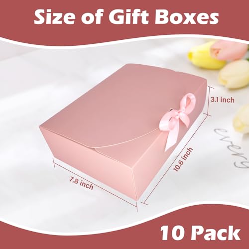 BoShahai 10 PCS Gift Boxes with Lids, 10.6x7.8x3.1 Inch Kraft Paper Gift Box, pink with Ribbon, Bridesmaid Proposal Box fo...
