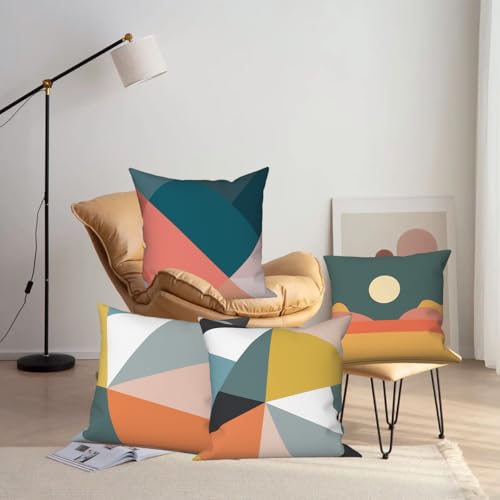 Vie Savaran Geometric Throw Pillow Covers Colorful Geometry Strip Patchwork Sun Abstract Mid Century Modern 18x18 Set of 4...