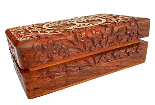 Ajuny Handcarved Wooden Decorative Treasure Chest Box 8 x 5 Inch Brown Tree Of Life Pattern - Multipurpose Use As Jewelry ...