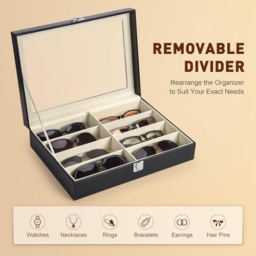 CO-Z Leather Multi Sunglasses Organizer for Women Men, Eyeglasses Eyewear Display Case with 8 Slots, Jewelry Watch Organiz...