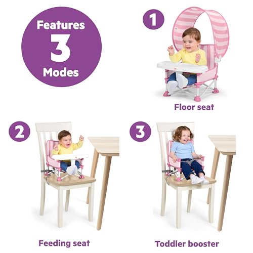 Bright Starts Pop 'N Sit Cabana Portable Booster Chair with UPF Canopy, Floor Seat for Indoor/Outdoor Use, Compact Fold, P...