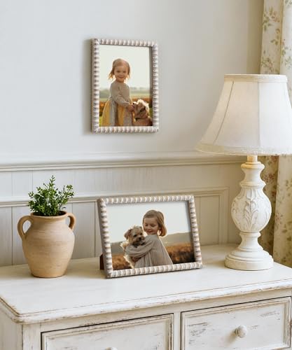 Afuly 5x7 Picture Frame Farmhouse Photo Frame Boho Beaded Frames Distressed White Wood Unique Wall Hanging Desk Standing G...