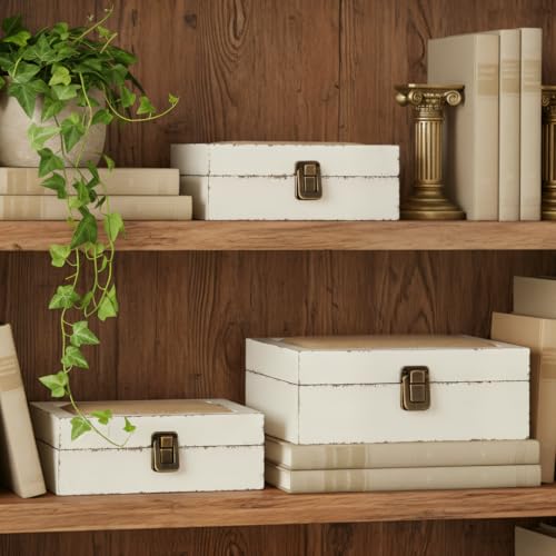 UPPER DECOR Rustic Ivory Decorative Storage Boxes with Lids Set of 2, Farmhouse Wooden Boxes for Home Decor, Keepsake Boxe...