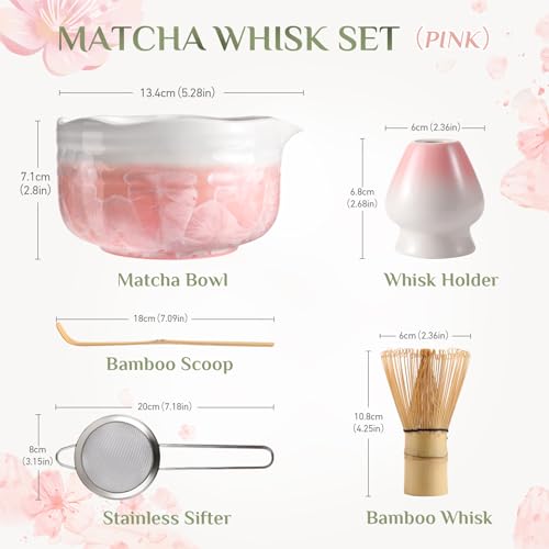 Birthday Gifts for Women: Matcha Whisk Set with Ceramic Matcha Bowl - Bamboo Matcha Whisk & Holder,Bamboo Scoop,Sifter - C...