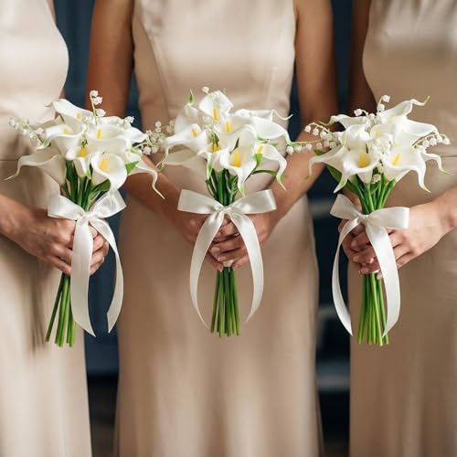 Janinka Artificial Bridesmaid Bouquets Set of 6 Calla Lily Wedding Bouquet Pre-Tied Ivory White Artificial Lily Flowers Br...