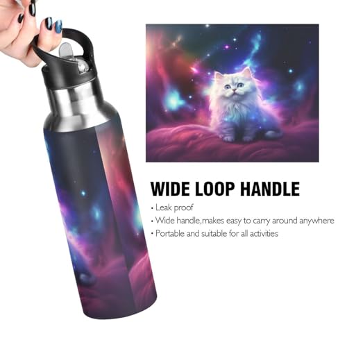 senya 20 Oz Water Bottle with Straw White Cat in The Galaxy Stainless Steel Water Bottle for Traveling Sports Leakproof In...