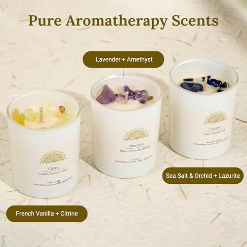 AvaConcept Healing Crystal Candle Gift Set – Set of 3 Citrine, Amethyst & Lazurite Hand-Poured Soy Wax French Vanilla, Lav...