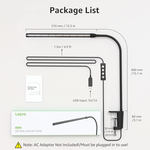 Lepro Clip on Desk Lamp LED Reading light Dimmable USB Small Clamp Lamp with 3 Color Modes 10 Brightness, Adjustable Flexi...