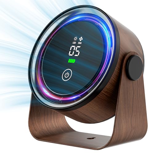 Small Desk Fan 5000mAh Rechargeable Battery Powered -Retro Low Noise Quiet Portable Gentle Blowing with LED Night Light Of...