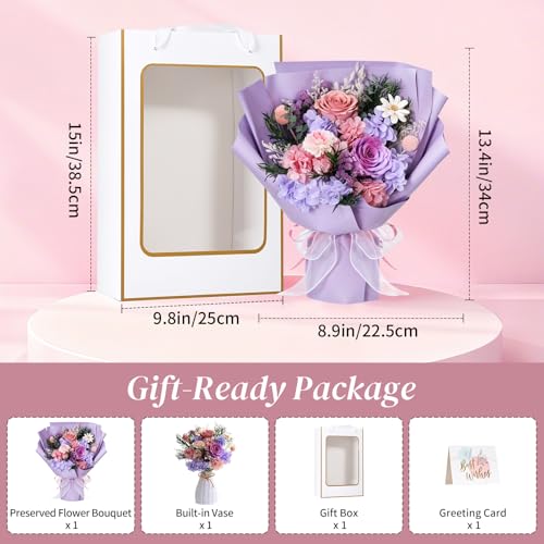 Lewondr Flower for Delivery, Preserved Flowers Bouquet, Purple Rose Bouquet, Real Long-Lasting Forever Birthday Flowers Gi...