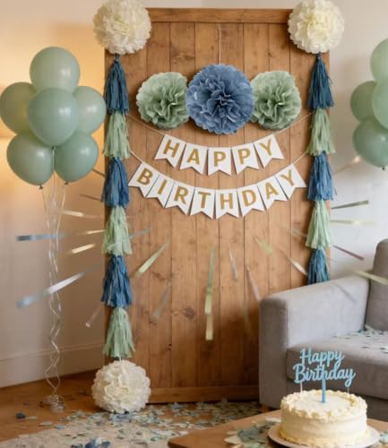 Sage-Green Dusty Blue Ivory Party-Decorations - 10-Pack Blue Green Boho Tissue Pom Poms Paper Flowers Wedding Centerpieces...