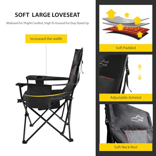 FAIR WIND Oversized Padded Camping Chair with Footrest Stool Set Heavy Duty Support 300 LBS Cooler Bag - Black