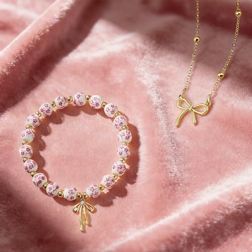 AUSGER Flower Beads Bow Charm Bracelet Necklace Set for Women, 14K Gold Beaded Gold Bow Bracelet Handmade Stretch Dainty R...