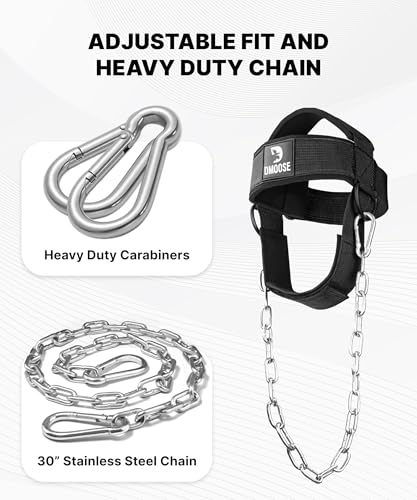 DMoose Fitness Neck Harness for Weight Lifting - Soft Padded Head & Chin Strap with 30" Heavy Duty Steel Chain - Neck Exer...