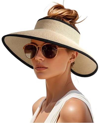 Womens Sun Visor Hats Wide Brim Straw Beach Hat UV Protection Ponytail Packable Beach Vacation Essentials