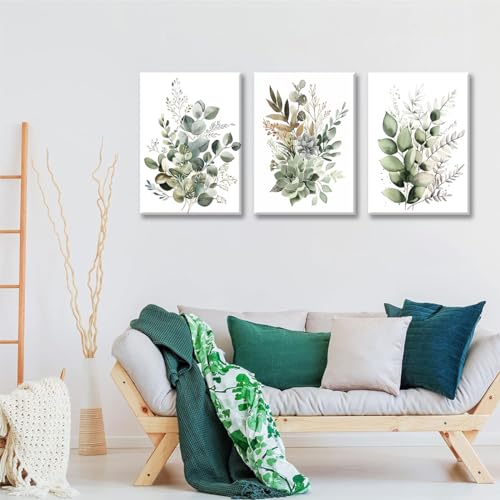 Bwodke Botanical Wall Art Plant Floral Watercolor Canvas Prints Set of 3 Framed Sage Green Painting Eucalyptus Leaf Pictur...