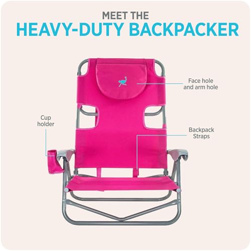 Ostrich the Heavy-Duty Backpacker, Portable Beach Chair with Face Hole, Adjustable Lounge Chair with Face Opening, Cup Hol...