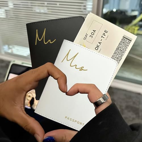 Mr&Mrs Gifts Matching Passport Holders for Mr and Mrs, Gold Foil Logo, Dual PU Leather with Card Pockets, Honeymoon Travel...