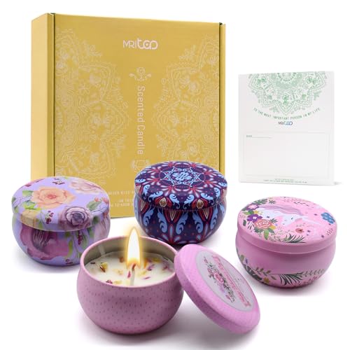 Scented Candles Gift Set for Women 4 Pack Soy Wax Candles with Dried Flowers Reusable Tin Aromatherapy Relaxation Gift for...