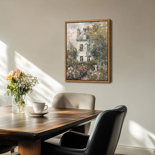 Floating Framed Canvas Vintage Wall Art, Neutral English Cottage Rose Garden Oil Paintings Print, Spring Pictures Wall Dec...