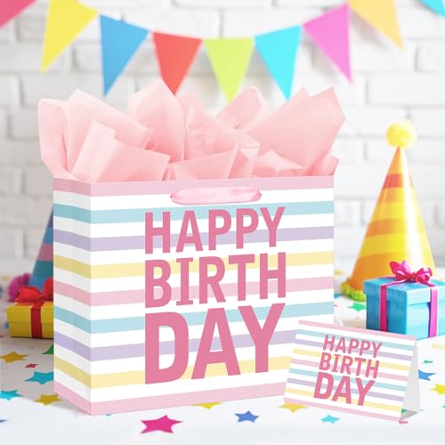 Laidans 13" Large Happy Birthday Gift Bag with Handles and Tissue Paper, Cards for Girls Women Birthday Party Favors Wrap,...
