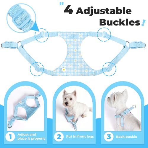 PETCARE Cute Cat Harness and Leash Set Blue Floral Daisy Cat Vest Harness Lightweight Adjustable Step in Spring Summer Sof...