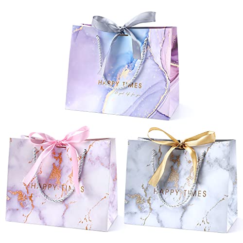 JMANNI Gift Bags, 3PCS Medium Size with Bow Ribbon, Portable Paper Gift Bag, Marble Pattern, for Any Occasion, Including C...