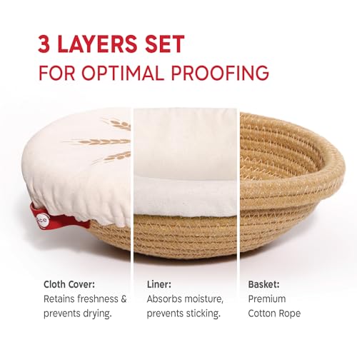 KneadAce Cotton Rope Banneton Bread Proofing Basket Set, Oval & Round Bread Baskets with Liners & Covers for Artisan Bread...