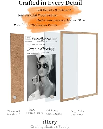 iHery Natural OAK Wood Audrey Hepburn Newspaper Trendy Framed Wall Art, 12x16 in Vintage Headline Canvas Bedroom Wall Deco...