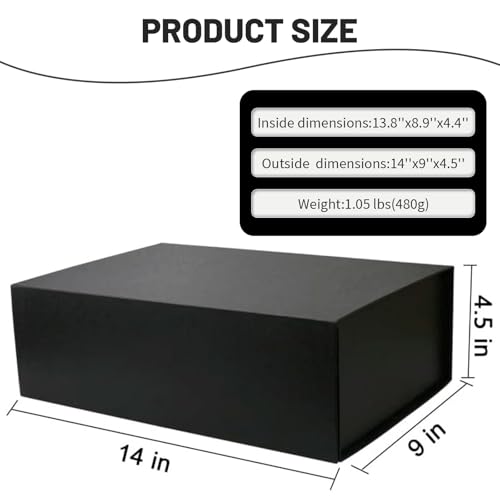 YINUOYOUJIA Large Black Gift Boxes with Lid,14"x9"x4.5" Magnetic Gift Box with Ribbon,Cards and Envelopes for Presents,Gre...