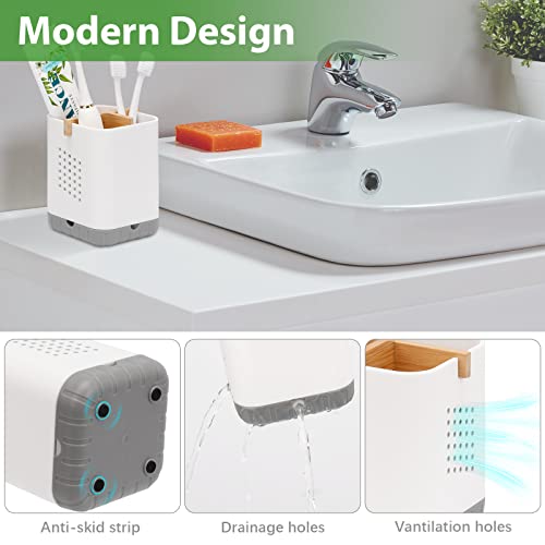Boperzi Toothbrush and Toothpaste Holder with Bamboo Divider for Bathroom Countertop Organizer, Plastic Detachable Anti-Sl...