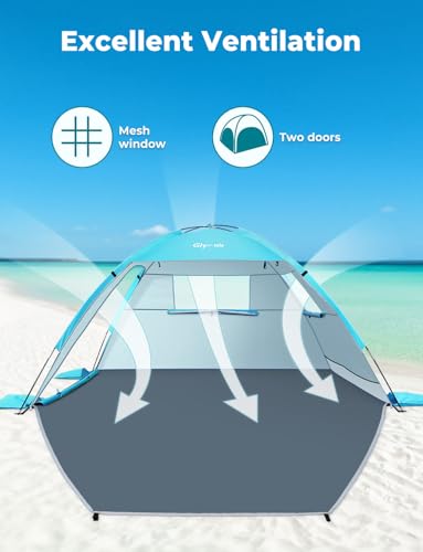 Glymnis Beach Tent Sun Shelter for 3 Person with UPF 50+ UV Protection, Lightweight & Easy Setup Beach Shade Canopy with V...