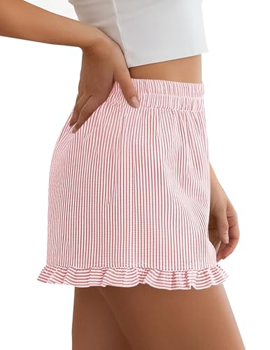 PRETTYGARDEN Womens Boxer Shorts Y2K Ruffle Pajama 2026 Summer Spring Lounge Sleep Striped Casual Beach Pj Bottoms Pockets