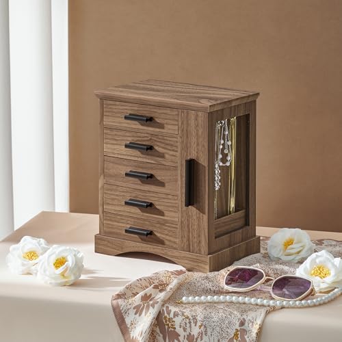 HOOBRO Jewelry Box for Women, Jewelry Organizer with Arc-Shaped Bottom, Wooden Jewelry Box, Side Transparent Window, Verti...