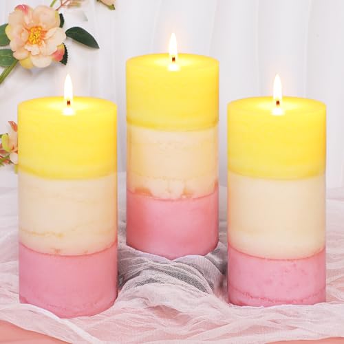 FLAVCHARM Sweet Honeysuckle Scented 3x6 Inch Pillar Candles Yellow White Pink Layered Aesthetic Decorative Home fragrances...