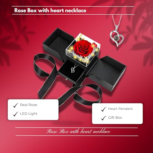 Preserved Real Rose with Heart I Love You Necklaces for Women in 100 Languages - Eternal Red Flowers Gifts for her Romanti...
