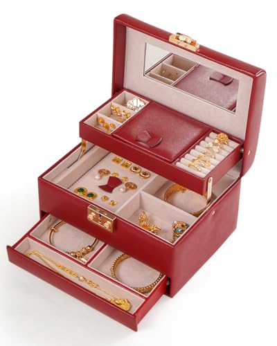 CASEGRACE Jewelry Box,3 Layers Leather Jewelry Storage Box with Lock, Mirror,Jewelry Storage Case for Necklaces Earrings B...