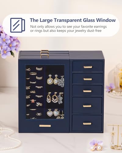 Homde Large Jewelry Box/Organizer/Case with Glass Window, Drawers for Necklaces Earrings Rings Bracelets Watches Gift for ...