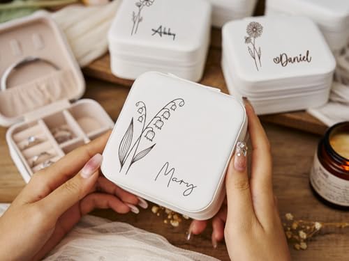 Ships Next Day, Custom Travel Jewelry Box with Name Birth Flower, Birthday Gifts for Women, Bridesmaid Proposal Gifts Pers...