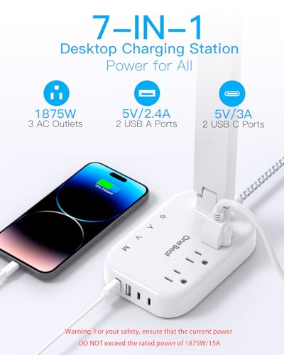 One Beat LED Small Desk Lamp Power Strip 5ft Extension Cord, 3 Outlets, 4 USB Ports(2 USB C), 4 Modes, 5 Level Touch- Hom...