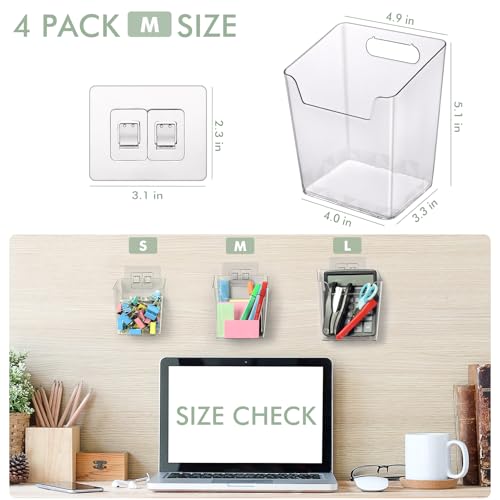 Clear Adhesive Wall Storage Bins, 4 Pack Cabinet Door Organizer Holders, Hanging Wall Mount Pockets, Plastic Cups for Show...