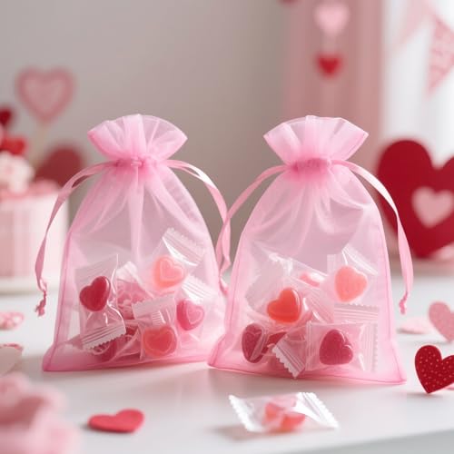 G2PLUS 25PCS Pink Drawstring Organza Bags 5x7 inches, Sheer Mesh Jewelry Pouches, Organza Gift Bags for Candy, Jewelry, We...