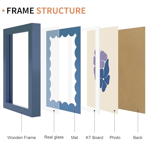 THKRLOF 5x7 Picture Frame with Real Glass, Wooden cute 5 x 7 Photo Frame with Wavy Mat for Tabletop and Wall Hanging, Blu...