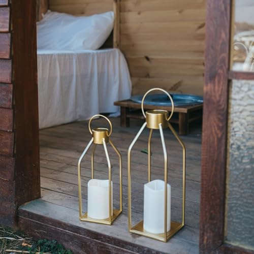 HPC Decor Modern Farmhouse Lantern Decor- Gold Metal Candle Lanterns for Christmas- Lanterns Decorative w/Timer Flickering...
