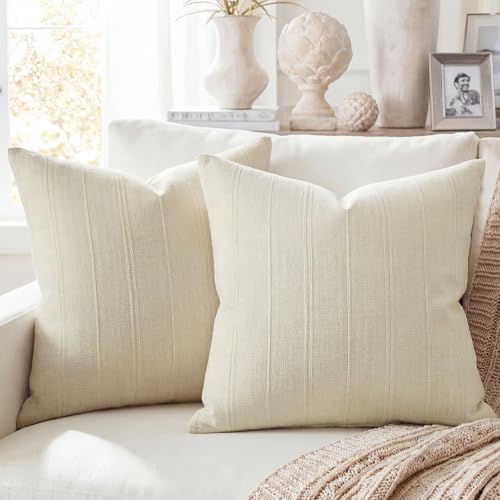 NOVILYS Decorative Linen Textured Throw Pillow Covers, 20x20 Inch Set of 2 Cotton Blend Striped Pillow Cases, Neutral Boho...